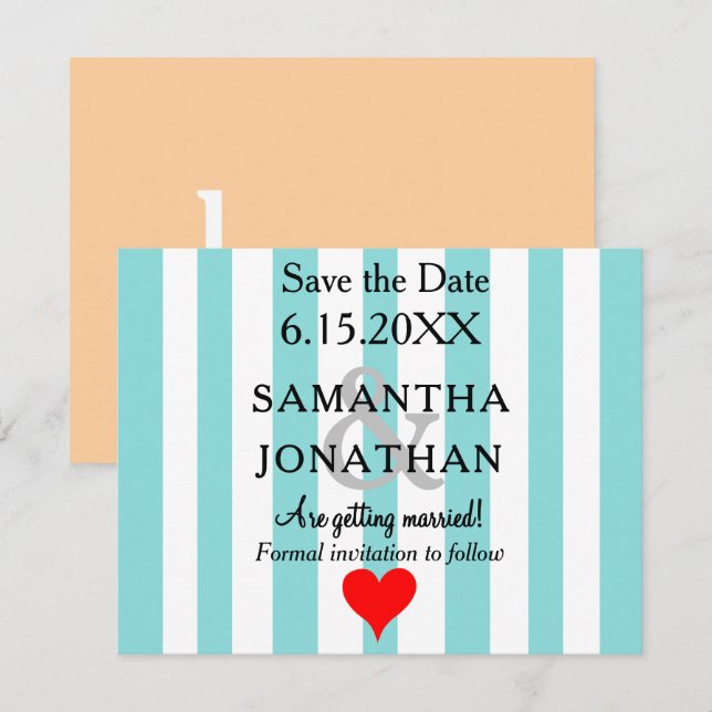 Save The Date Bleu Mousse de Mer Beige Amour Rouge Coeur Mariage (Devant / Derrière)