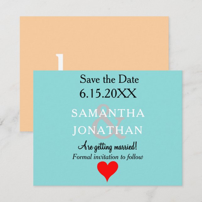 Save The Date Bleu Mousse de Mer Beige Mariage Rouge Cœur (Devant / Derrière)