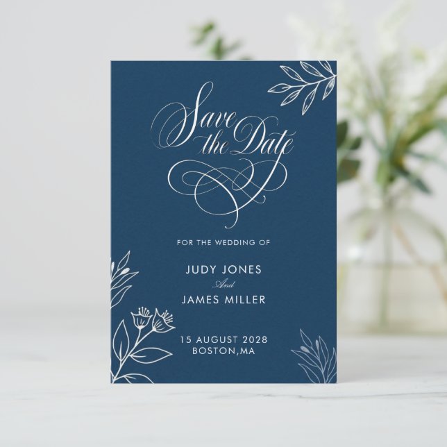 SAVE THE DATE BLEU NAVY MINIMAL RUSTIQUE CLASSE SIMPLE SAUVEGARD (Debout devant)