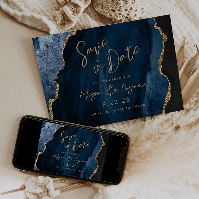 Save The Date Bleu Nuit Agate Écriture Mariage Date à Sauvegarde (Créateur téléchargé)