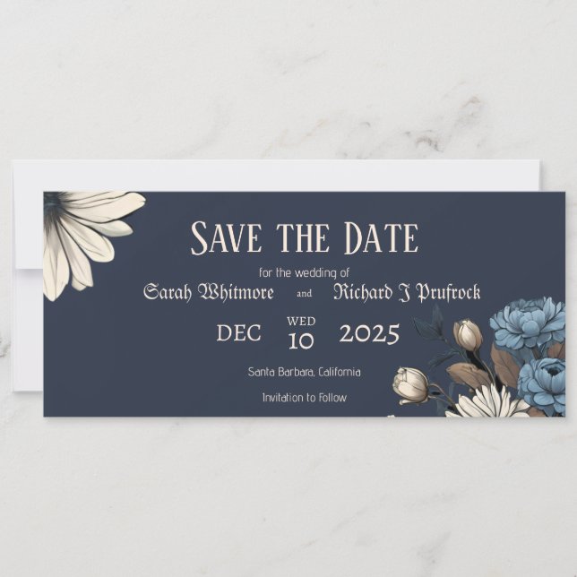 Save The Date Bleu Nuit Floral Élégant et Moody (Devant)
