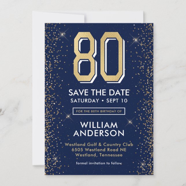 Save The Date Bleu Nuit Moderne 80e Anniversaire  (Devant)