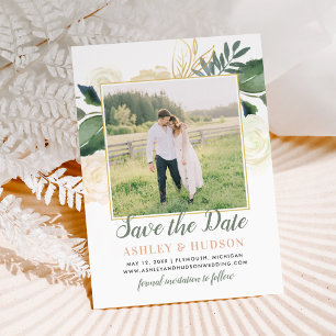 Save The Date Bleu or et vert Mariage floral photo blanc