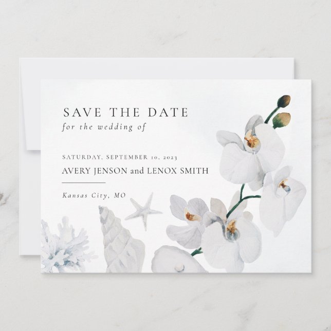 Save The Date Bleu Poussiéreux Coquillage Blanc Orchidée de Plag (Devant)