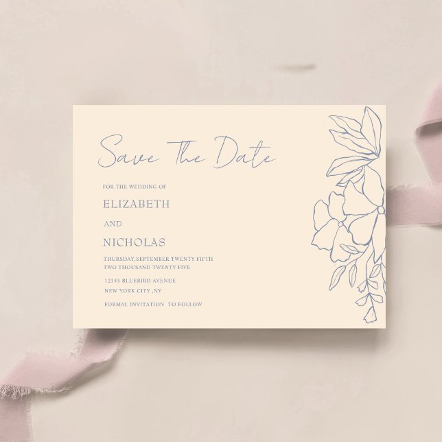 Save The Date bleu poussiéreux et crème floral classique enregis (Créateur téléchargé)