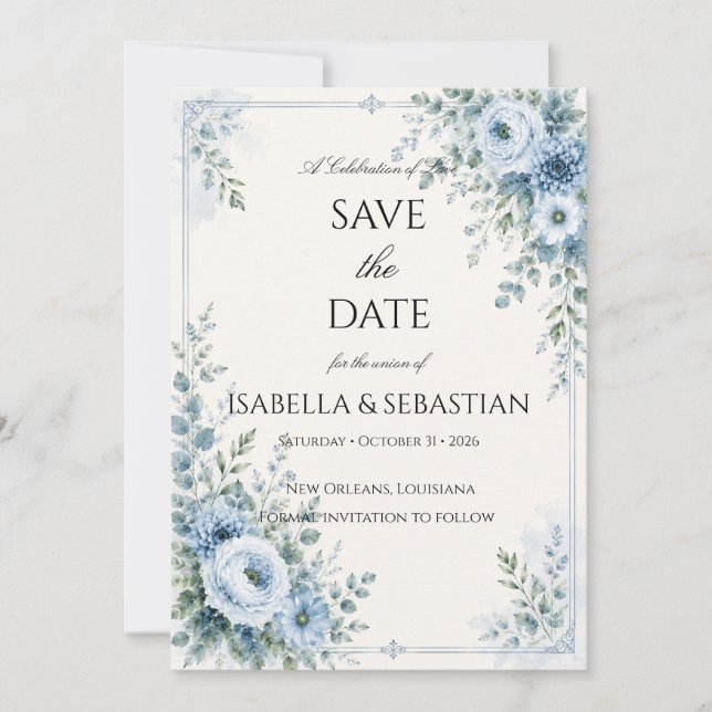Save The Date Bleu Poussiéreux Floral (Devant)