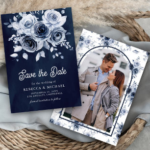 Save The Date Bleu Poussiéreux Floral Rustique Photo Mariage Nui