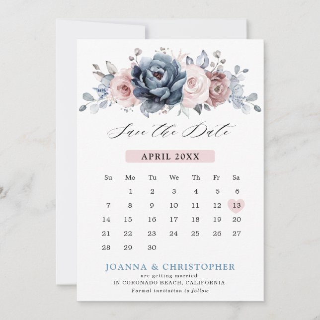 Save The Date Bleu poussiéreux Rose Mauve Slate Floral Mariage S (Devant)