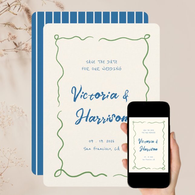 Save The Date Bleu Quirky Main tiré Wavy Squiggle Bordure (Créateur téléchargé)