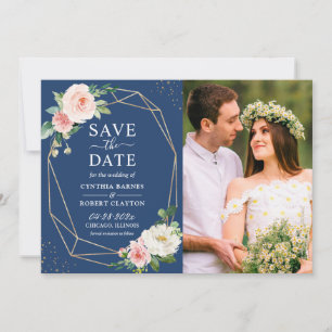 Save The Date Bleu rose floral marine bleu moderne photo géométr