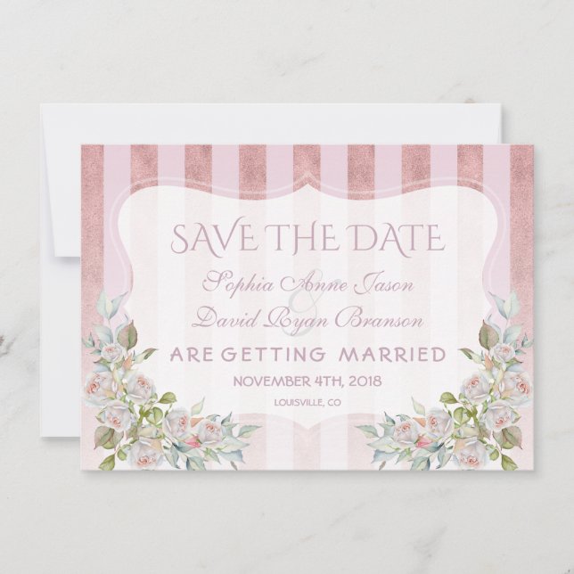 Save The Date Bleu Rose Gold Stripes Blanc Fleurs Mariage (Devant)