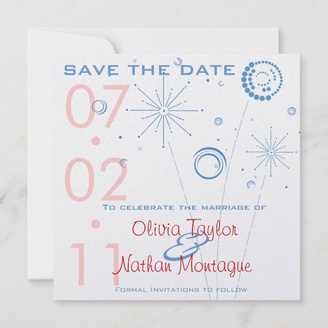 Save The Date Bleu & Rouge Enregistrer La Date Fireworks (Devant)