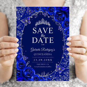 Save The Date Bleu Royal Argent Quinceanera Floral