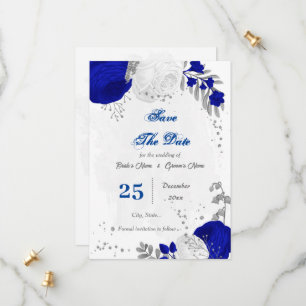 Save The Date bleu royal et fleurs blanches argent