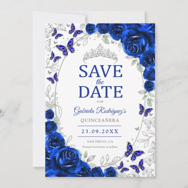 Save The Date Bleu Royal Fleurs Argent Quinceanera (Devant)