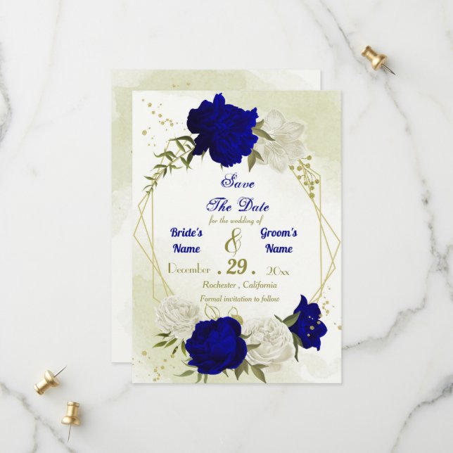 Save The Date bleu royal fleurs blanches vert feuilles (Devant/Arrière en situation)