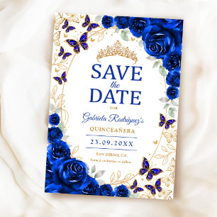 Save The Date Bleu Royal Fleurs Or Quinceanera