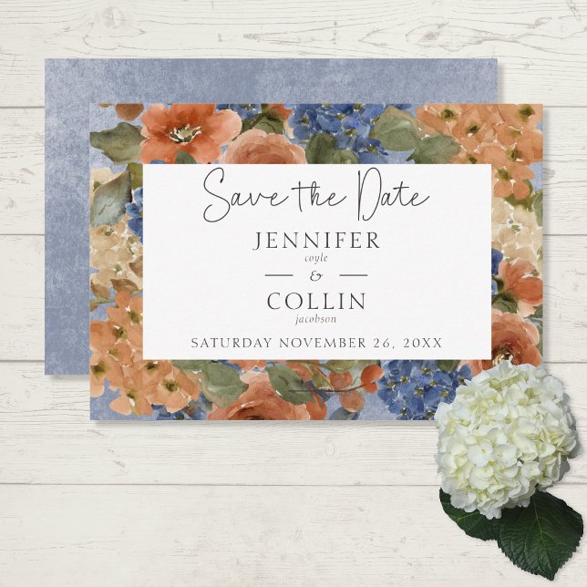 Save The Date Bleu rustique et rouille orange brûlée Monogramme  (Créateur téléchargé)