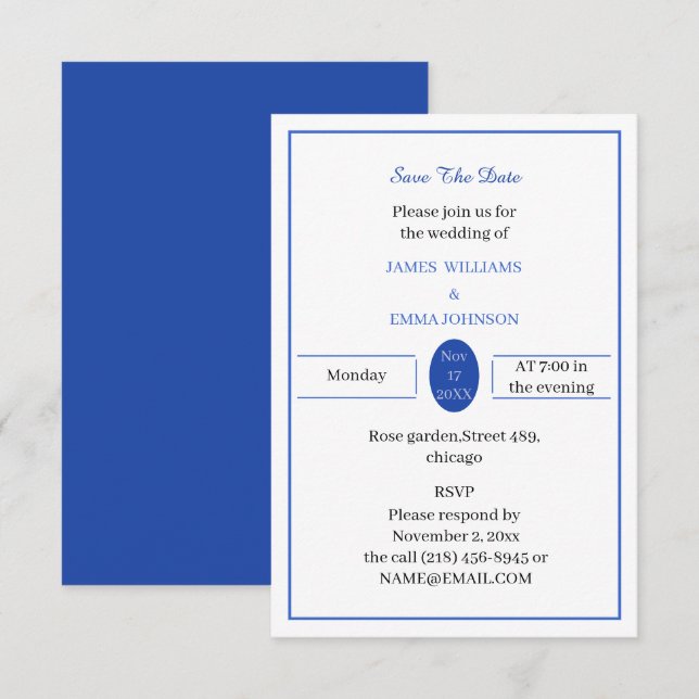Save The Date Bleu simple personnalisé (Devant / Derrière)