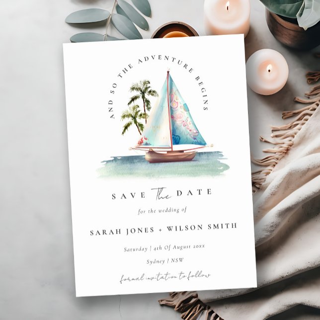 Save The Date Bleu Turquoise Dusky Bateau à voile Palm Aquarelle (Créateur téléchargé)