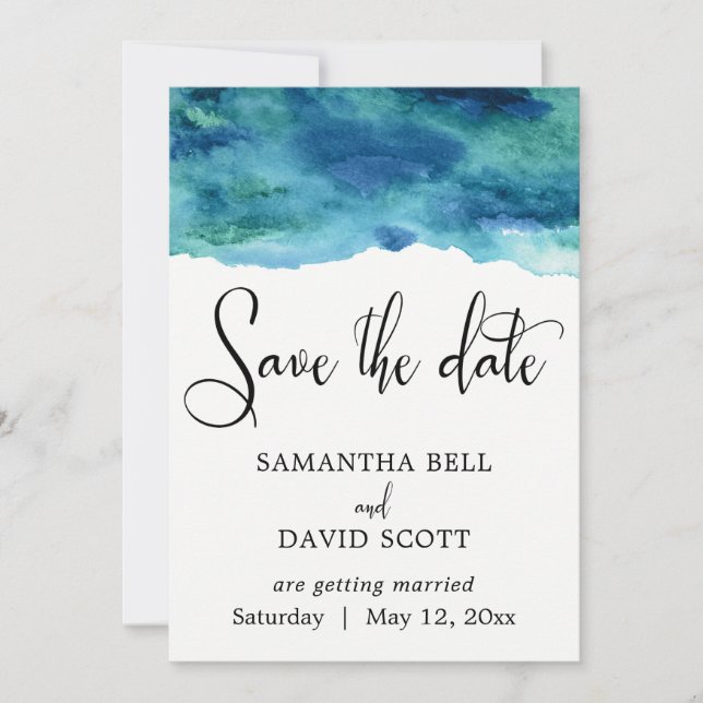 Save The Date Bleu Vert Aqua Aquarelle Moderne Enregistrez la Da (Devant)
