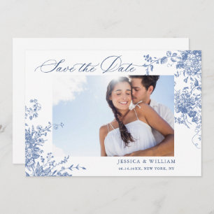 Save The Date Bleu Victorien Français Roses Jardin QR code Maria