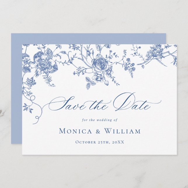 Save The Date Bleu Victorien Rose Jardin Floral Mariage (Devant / Derrière)