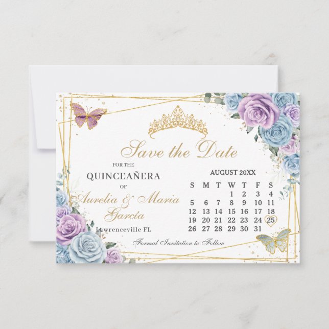 Save The Date Bleu violet Floral Twins Quinceanera Calendrier (Devant)