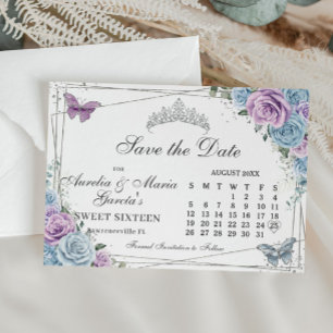 Save The Date Bleu violet Floral Twins Sweet 16 Quince Calendrie