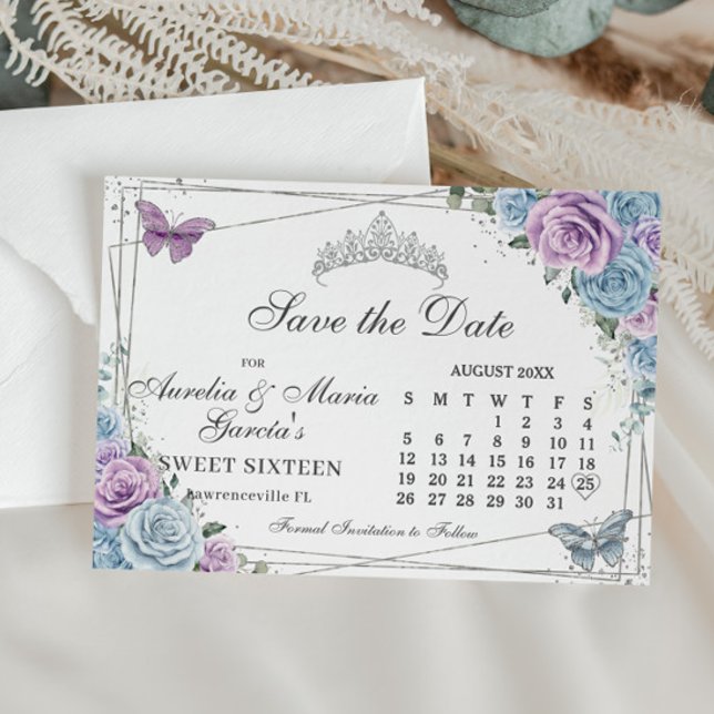 Save The Date Bleu violet Floral Twins Sweet 16 Quince Calendrie (Créateur téléchargé)