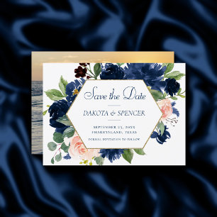 Save The Date Blooms Chics   Cadre bleu marine et or rose