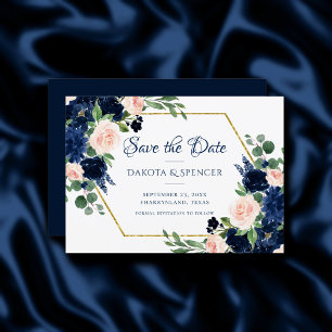 Save The Date Blooms Chics   Floral bleu marine et rose pâle