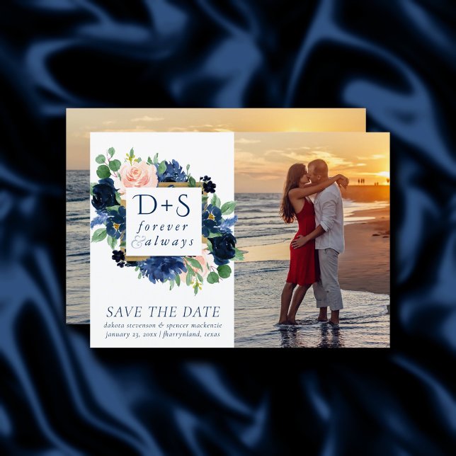 Save The Date Blooms Chics | Photo Romantic Navy Blue and Blush  (Créateur téléchargé)