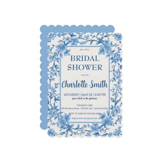 Save The Date blue and white Chinoiserie antique bridal shower (Devant/Arrière en situation)