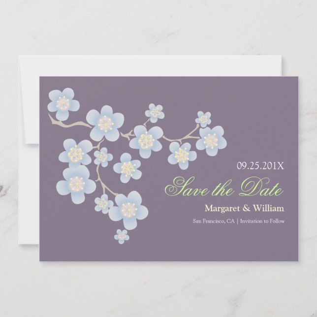 Save The Date Blue Cherry Blossom Enregistrer la date : violet (Devant)