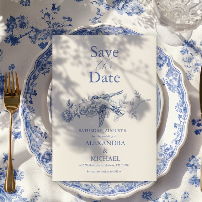 Save The Date Blue Chinoiserie Floral Botanique Mariage (Créateur téléchargé)