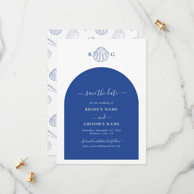 Save The Date Blue Clam Seashells Coastal Seaside Beach Wedding (Devant/Arrière en situation)