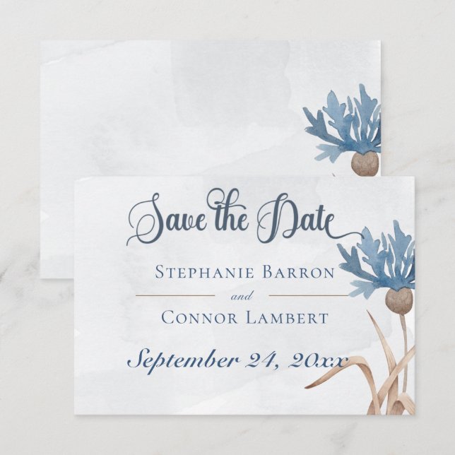 Save The Date Blue Cornflowers & Blé Field Mariage bleu (Devant / Derrière)