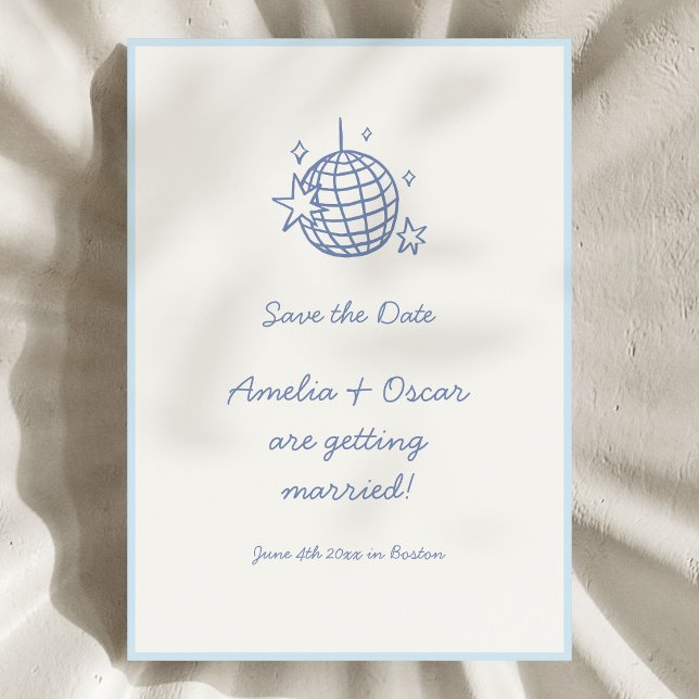 Save The Date Blue Disco Ball Doodle Simple Fun Script Wedding (Créateur téléchargé)
