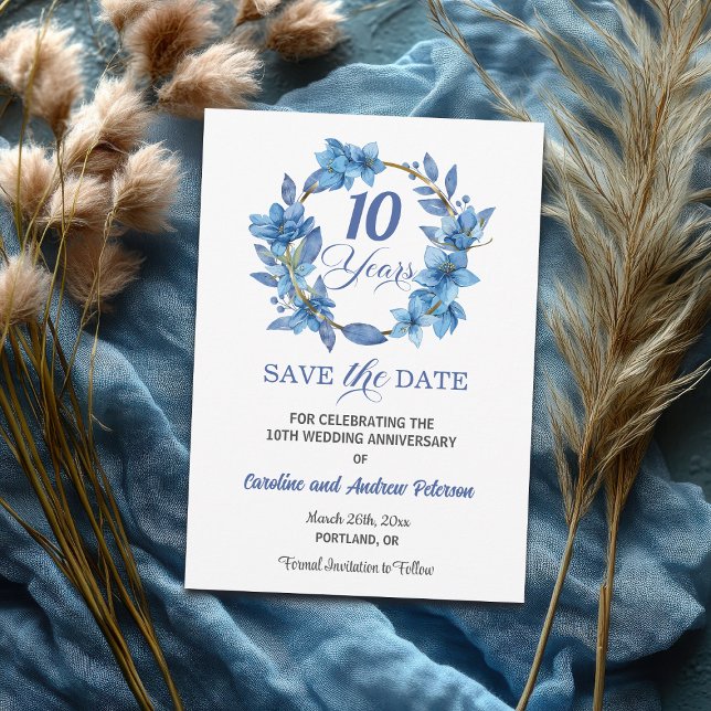 Save The Date Blue Floral Gold Frame 10th Wedding Anniversary (Créateur téléchargé)