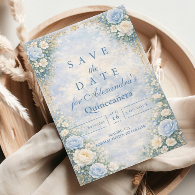 Save The Date Blue Floral Gold Garden Quinceañera (Créateur téléchargé)