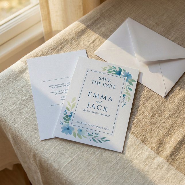 Save The Date Blue floral greenery mariage élégant enregistrer l (Blue floral greenery elegant wedding save the date.)