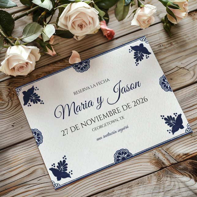 Save The Date Blue Floral Otomi Simple Fiesta Spanish Wedding (Blue Floral Otomi Simple Fiesta Spanish Wedding Save The Date)