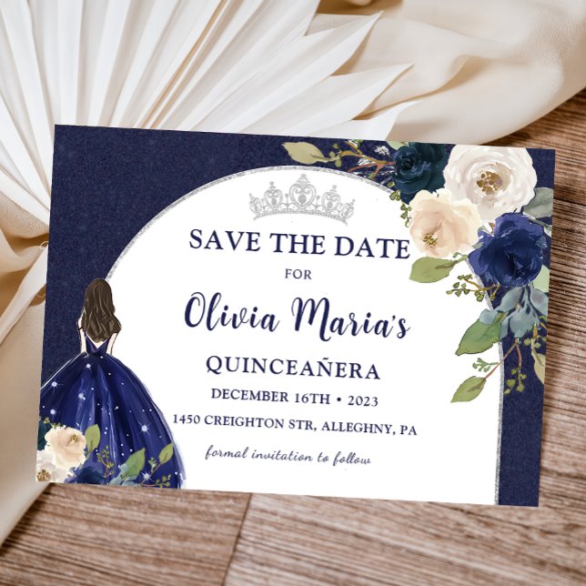 Save The Date Blue Floral Princess Quinceañera Enregistrer La Da (Créateur téléchargé)