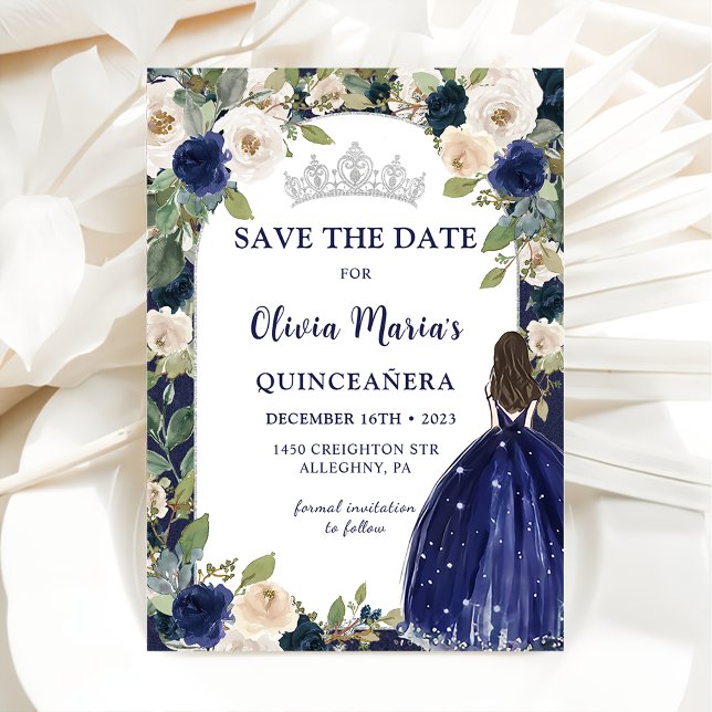 Save The Date Blue Floral Princess Quinceañera Enregistrer La Da (Créateur téléchargé)