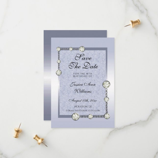 Save The Date Blue Glitters et Diamond Decoration Birthday (Devant/Arrière en situation)