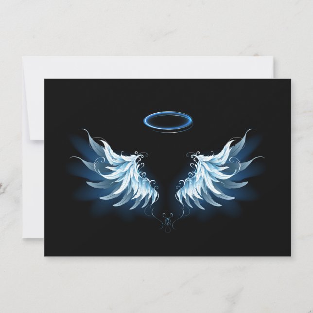 Save The Date Blue Glowing Angel Wings on black background (Devant)