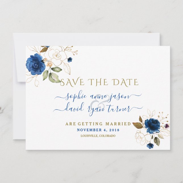 Save The Date Blue Gold Floral Calligraphie Mariage Enregistrer  (Devant)