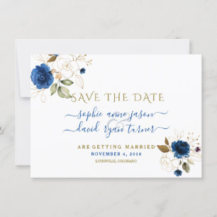 Save The Date Blue Gold Floral Calligraphie Mariage Enregistrer