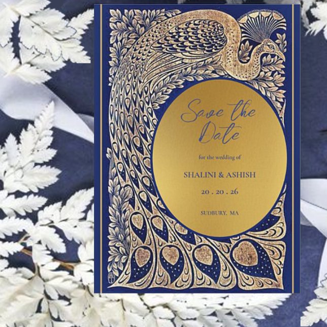 Save The Date Blue Gold Peacock Art nouveau Mariage (Créateur téléchargé)